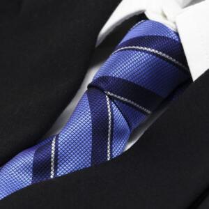 Closeup of a blue striped tie and black suit